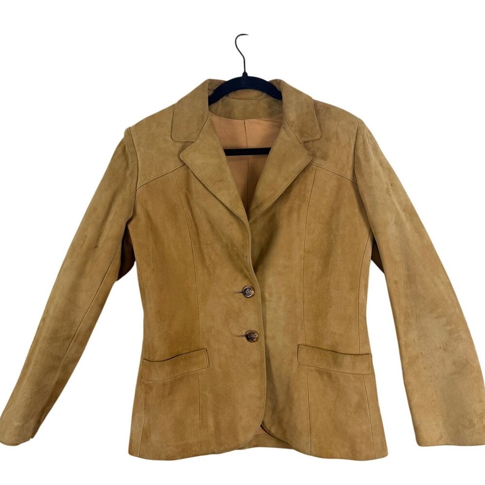 Vintage Suede Leather Blazer Tan Brown Fitted Jacket Womens Small
